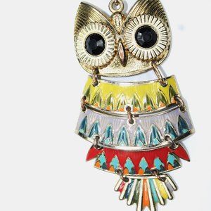 Vintage large Italian Jewelry Owl Pendant Necklace Enamel Chain